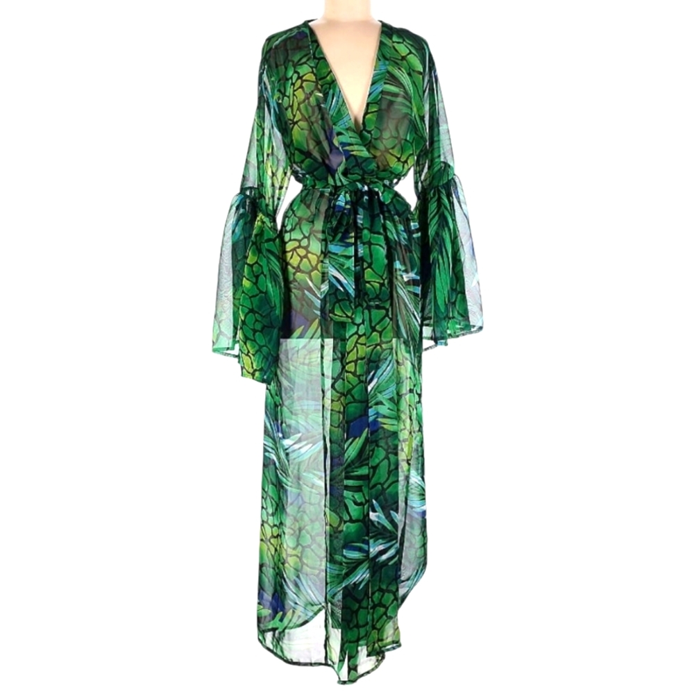 B Fyne resort wear boho lightweight kimono beach cover one size green black